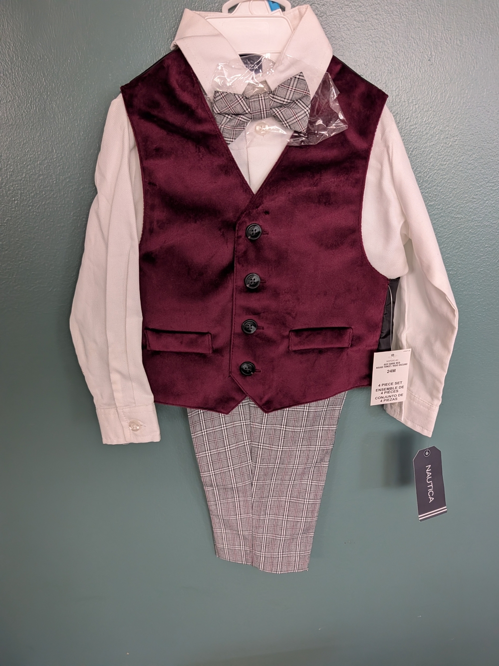 Nautica Toddler Boy 4-Piece Velvet Vest Set Burgundy Plaid 24M NWT
